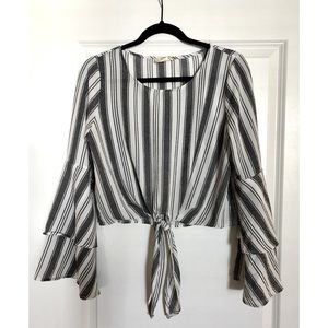 Navy & White Striped Tie Front Long Sleeve Blouse